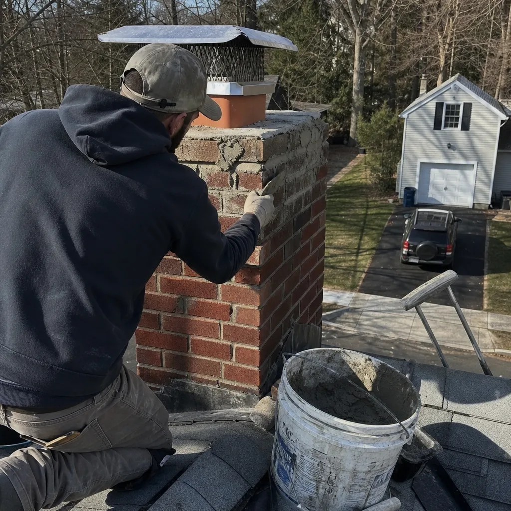 Professional technician performing brick chimney masonry repair on a roof