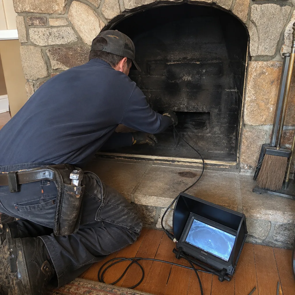 Chimney sweep performing a professional video inspection of a residential fireplace