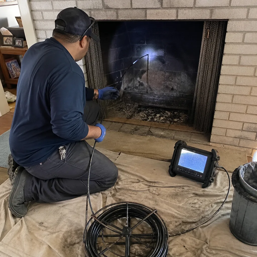 Technician performing professional chimney inspection and cleaning service