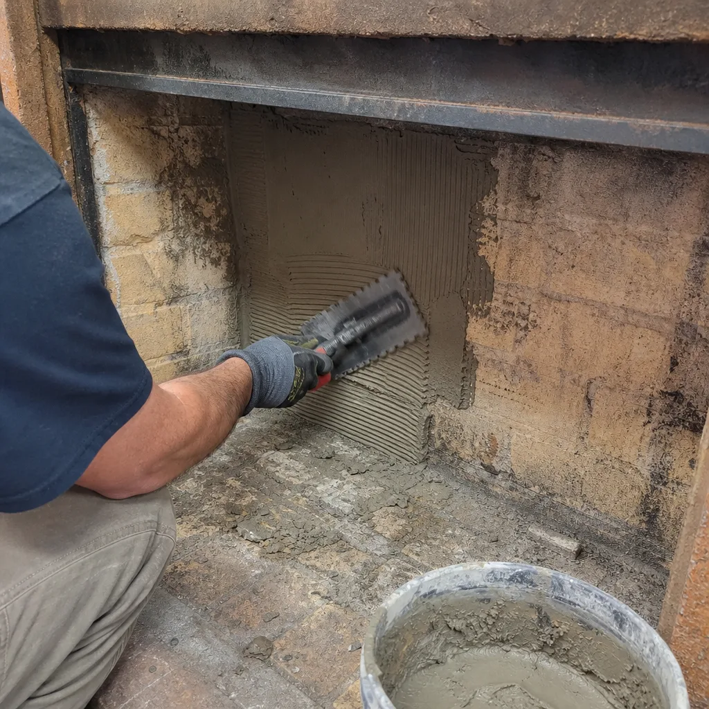 Professional contractor applying mortar to a brick fireplace interior